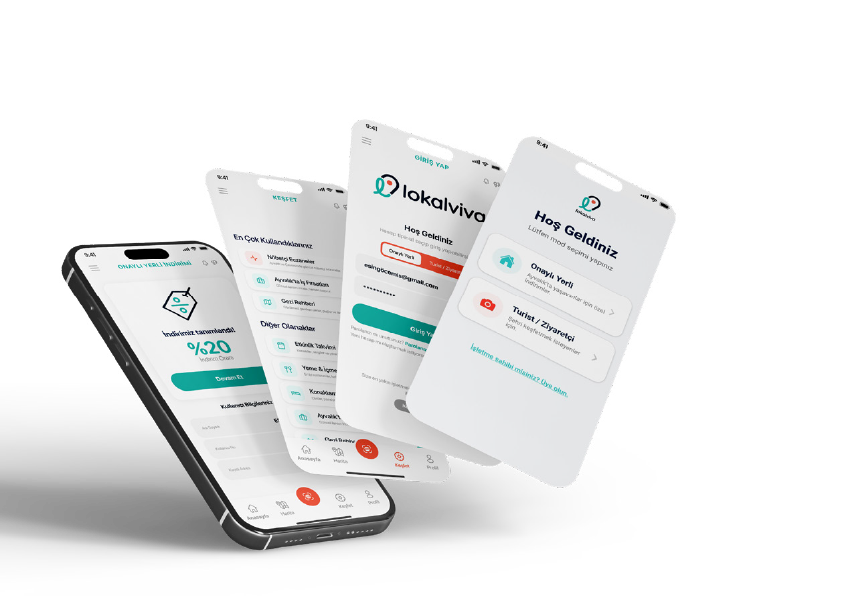 Lokalviva uygulaması telefon ekran görüntüleri — keşfet, indirim ve giriş sayfaları