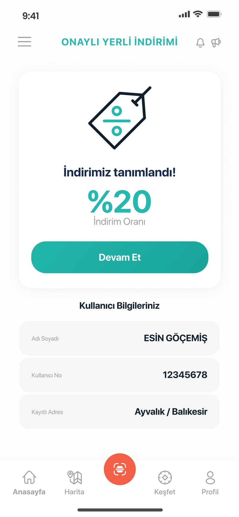 Yerli indirim ekranı — QR kod ile anlık avantaj