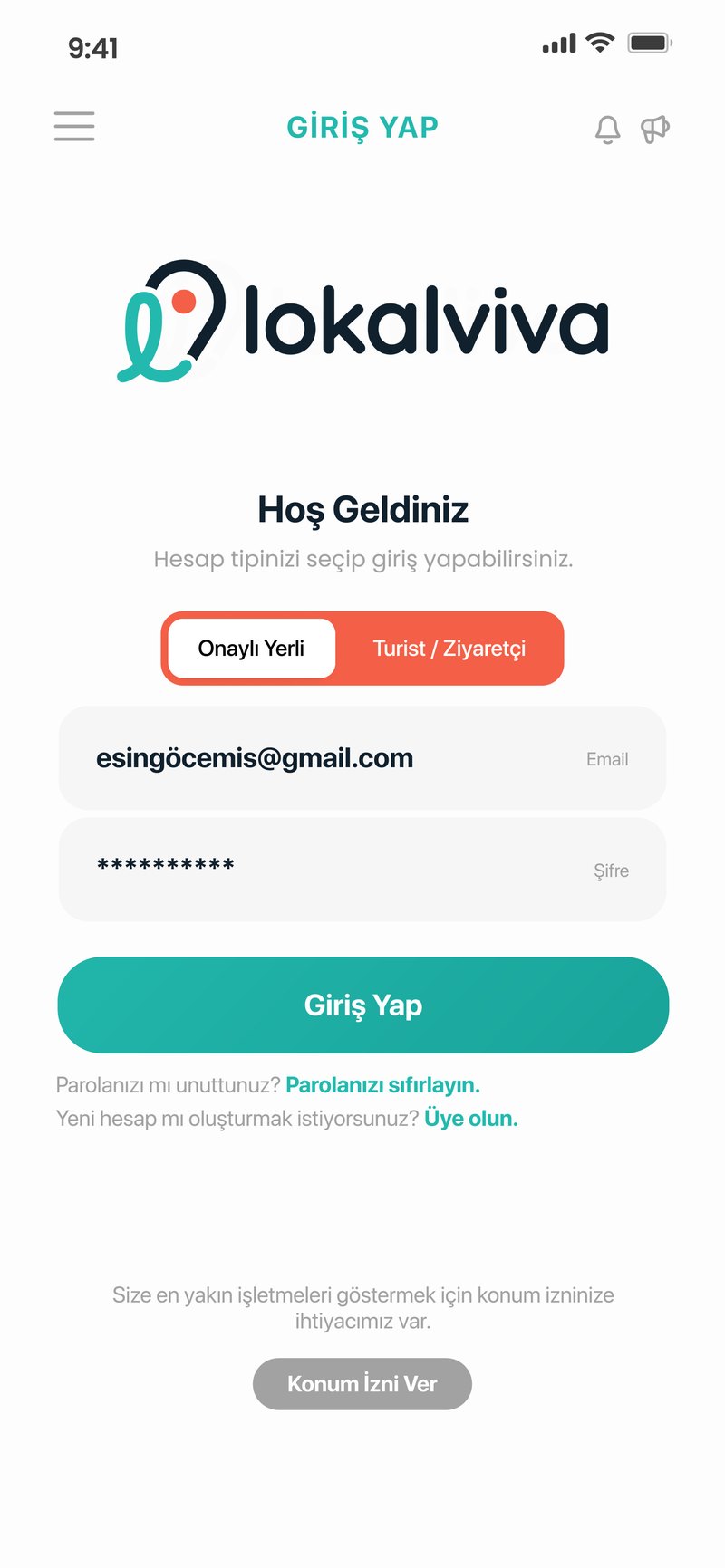 Giriş yap ekranı — onaylı yerli ve turist seçimi